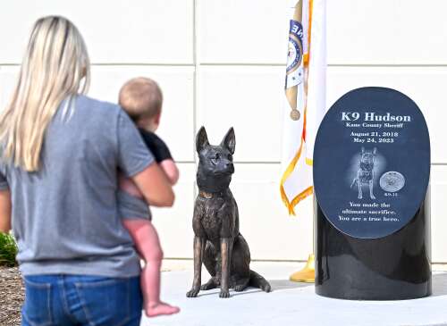 A new monument honoring a fallen police dog will serve as a daily reminder of his sacrifice for everyone working at the Kane County sheriff’s office.
The ceremonial unveiling of the monument to Huds...