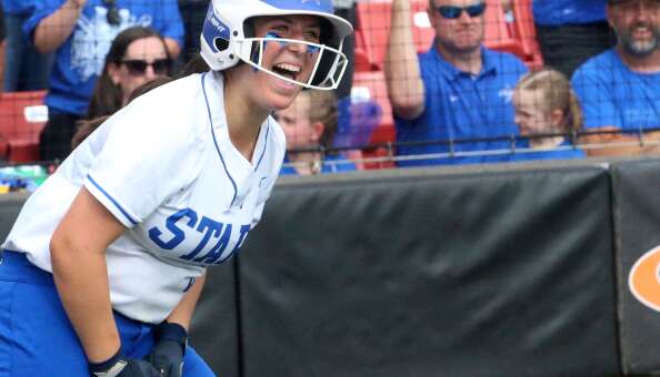 St. Charles North's Julianna Kouba reacts after scoring a run against Marist during the Class 4A championship game on Saturday, June 8, 2024 at the Louisville Slugger Sports Complex in Peoria.