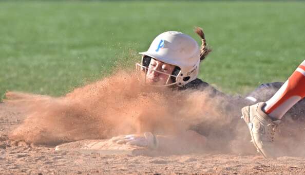 Prospect’s Gianna Catanzano steals second base as Hersey’s Grace Grabowy takes for the throw in a softball game in Arlington Heights on Wednesday, April 24, 2024.
