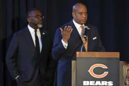 Flanked by Chicago Mayor Brandon Johnson, Chicago Bears President Kevin Warren describes the team’s proposal for a $4.6 billion development next door to their current home at Soldier Field.