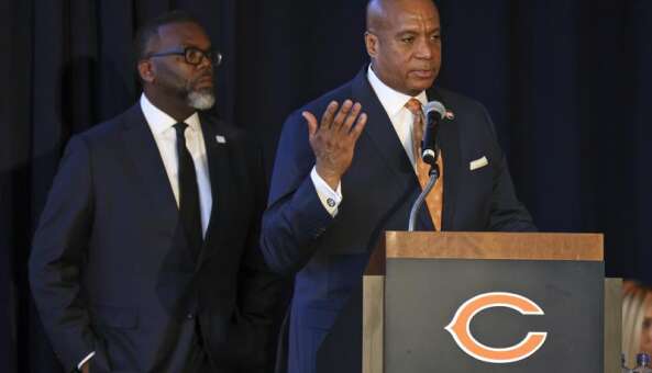 Flanked by Chicago Mayor Brandon Johnson, Chicago Bears President Kevin Warren describes the team’s proposal for a $4.6 billion development next door to their current home at Soldier Field.