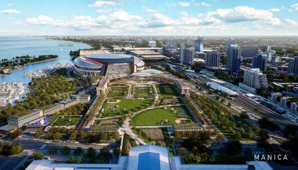 The Chicago Bears’ plans for a three-phased, $4.7 billion redevelopment on the lakefront — with a new domed stadium and teardown of the Soldier Field seating bowl — has a key difference with their initial $5 billion redevelopment plans at Arlington Park: public versus private ownership.