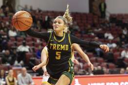 Fremd’s Ellie Thompson chases down a pass against Loyola Friday, March 1, 2024 in the girls basketball 4A state semifinal at CEFCU Arena in Normal.
