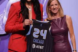South Carolina's Kamilla Cardoso, left, poses for a photo with WNBA commissioner Cathy Engelbert after being selected third overall by the Chicago Sky during the first round of the WNBA basketball draft.