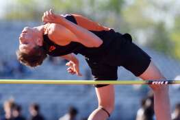 Wheaton-Warrenville South’s Martin Dvorak clears the high jump bar during the Du Page County boys track meet at Naperville North High School on Friday, May 3, 2024 in Naperville.