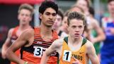 Fremd’s Rory Gaan has an early lead in the 3,200-meter run, which was won by Wheaton-Warrenville South’s Josiah Narayanan, left, during the Class 3A Glenbard North boys track and field sectional on Thursday, May 16, 2024 in Carol Stream.