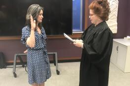 Arlington Heights village Trustee Nicolle Grasse, left, is sworn in Wednesday Cook County Judge Patricia Fallon after she was chosen to fill the vacant 53rd District state House seat.