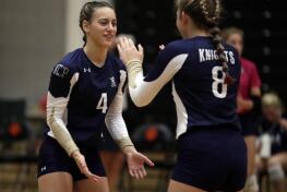 IC Catholic Prep’s Ava Falduto, left, and teammate Lucy Russ were key components to the Knights’ Class 2A runner-up finish in girls volleyball.