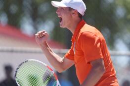 Hersey’s Mitch Sheldon celebrates a key point just before winning the Class 2A singles championship at the boys state tennis tournament at Palatine High School on Saturday, May 25, 2024 in Palatine.