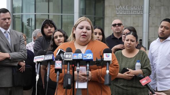 Karina Mendez, whose father Eduardo Uvaldo was killed in the mass shooting at the 2022 Highland Park Independence Day parade, speaks at a news conference Wednesday after the shooting suspect backed out of a proposed plea bargain.