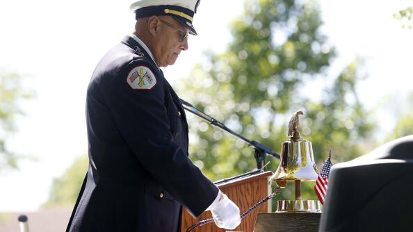 John Jakubec, retired from the Chicago Fire Department, rings the bell at the end of the memorial Saturday for the 45th anniversary of the tragic crash of American Airlines Flight 191 held in Des Plaines. American Airlines Flight 191 is the deadliest non-terrorist aviation disaster in American history.