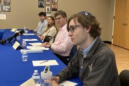 U.S. Rep. Brad Schneider, second from right, held a college antisemitism forum in Northbrook Friday with students living in the 10th congressional district. Participants included, from left, Ben Sauer of Wilmette; Eliza Bankier of Deerfield and Tim Mellman.