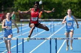 Palatine’s Aisha Kazeem wins the 300-meter hurdles during the Class 3A girls state track and field finals on Saturday, May 18, 2024 in Charleston.
