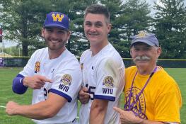 Western Illinois University alumni Connie Kowal, right, a member of the record-setting 1974 Leathernecks baseball team, is joined by current players J.R. Heavilin, left, and Adam Juran during Western's baseball alumni weekend in early May. Kowal and his teammates bought WIU's new uniforms. The current team had patches put on them signifying the 50th anniversary of the 1974 team.