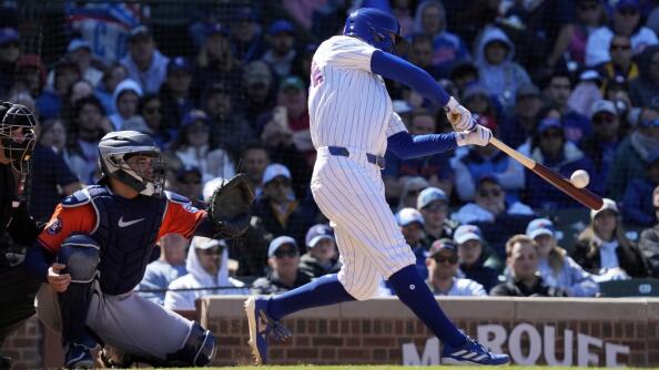 Chicago Cubs' Pete Crow-Armstrong hits a two-run home run during the sixth inning of a baseball game against the Houston Astros in Chicago, Thursday, April 25, 2024. (AP Photo/Nam Y. Huh)