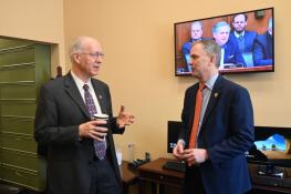 Democratic U.S. Reps. Bill Foster, left, and Sean Casten significantly outraised and outspent their opponents in March’s primary elections. Here they are after Election Day at the U.S. Capitol.