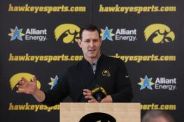 Tim Lester pictured at an introductory news conference shortly after he was hired Jan. 31 as offensive coordinator for the University of Iowa football team.