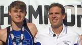 Retiring Central High boys track coach Mike Schmidt, right, pictured with his son, Zac, at the 2019 Boys Track &amp; Field State Finals in Charleston. Entering this season, Zac Schmidt was among 72 boys who have earned all-state honors in relays or individual events in Mike Schmidt’s 29 seasons as Rockets head coach.