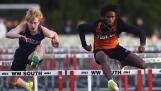 Wheaton Warrenville South’s Amary Williams, right ,clears the final hurdlee in tthe 110-meter hurdles during the Red Grange boys track meet at Wheaton Warrenville South High School on Friday, April 19, 2024 in Wheaton.