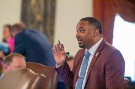 Sen. Willie Preston, a Chicago Democrat, is pictured on the floor of the Illinois Senate last year. He advanced a measure through the Senate on bipartisan lines that would ban four widely used food additives.