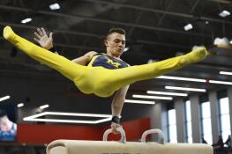 Stevenson High School graduate Paul Juda, a graduate student at the University of Michigan, competes on pommel horse at the 2024 NCAA Championships in Columbus, Ohio. Juda won floor exercise, his fourth NCAA individual title.