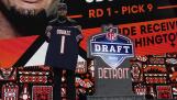 Washington wide receiver Rome Odunze poses after being chosen by the Chicago Bears with the ninth overall pick during the first round of the NFL football draft, Thursday, April 25, 2024, in Detroit. (AP Photo/Jeff Roberson)