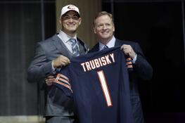 Mitch Trubisky, left, poses with NFL commissioner Roger Goodell after being selected with the second overall pick by the Chicago Bears in the 2017 NFL draft.