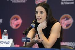 Indiana Fever's Caitlin Clark speaks during a WNBA basketball news conference, Wednesday, April 17, 2024, in Indianapolis. (AP Photo/Darron Cummings)