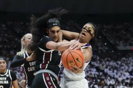 Once rivals in the SEC, LSU forward Angel Reese, right, and South Carolina center Kamilla Cardoso, left, will now be teammates after both were drafted by the Sky in the first round of Monday’s WNBA Draft.