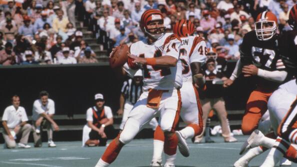 Cincinnati Bengals quarterback Ken Anderson gets ready to throw the ball down the field during a game.