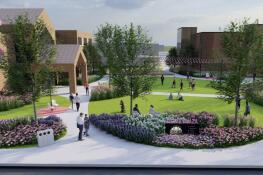 A rendering by Confluence, a landscape architecture firm, shows plans to improve the Roselle municipal campus with a “Petal Plaza” between village hall and the police department.