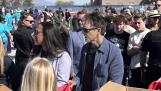 Actor Kevin Bacon, center, helps fill care packages for his charity Saturday, April 20, in Payson, Utah, while visiting the Utah high school where cult classic “Footloose,” was filmed.