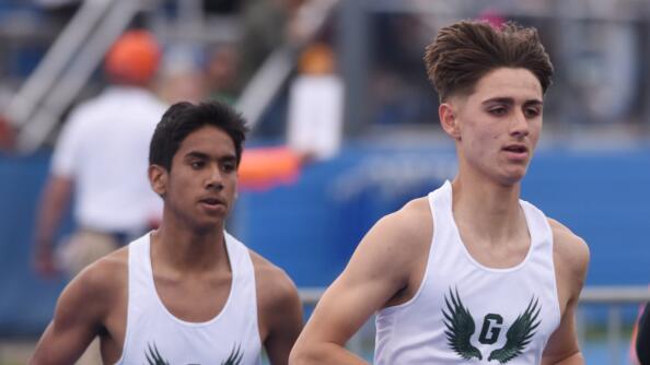 Grayslake Central’s Trey Sato, right, and Adan Cordova have an early lead in the 3,200-meter run during the Lake County boys track meet, hosted by Lake Zurich High School on Thursday, May 2, 2024 in Lake Zurich.