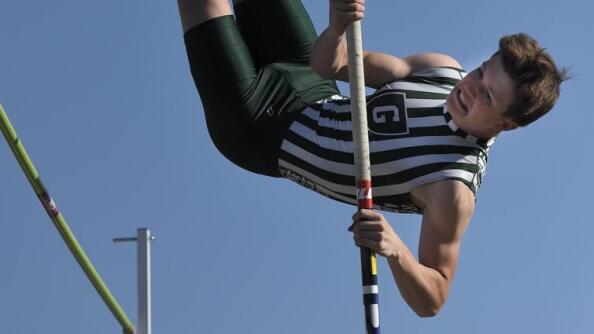 Grayslake Central’s Sean Mullen attacks the pole vault at the 2023 Lake County boys track and field meet in Grayslake.