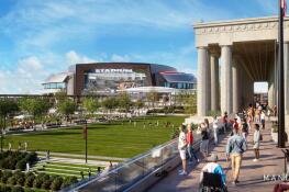 The Chicago Bears on April 24 unveiled designs for a new domed stadium on the parking lot south of Soldier Field, which would be replaced with public athletic fields next to the original colonnades. The plans came a year-and-a-half after the team gave a similar stadium and mixed use district presentation for the suburbs.
