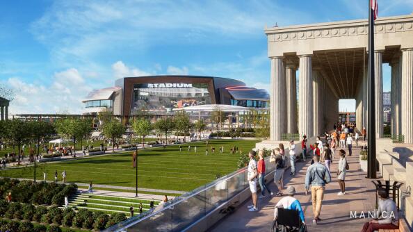The Chicago Bears on April 24 unveiled designs for a new domed stadium on the parking lot south of Soldier Field, which would be replaced with public athletic fields next to the original colonnades. The plans came a year-and-a-half after the team gave a similar stadium and mixed use district presentation for the suburbs.