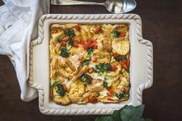 This is variation of a baked egg casserole called strata that is made with red bell peppers from blogger Lauren Lane.