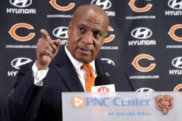 Kevin Warren, new president and CEO of the Chicago Bears, gestures during a news conference at Halas Hall in Lake Forest Tuesday.