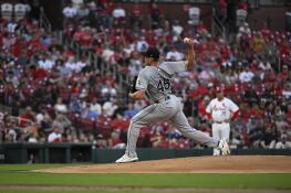 Chicago White Sox starting pitcher Brad Keller delivers against the St. Louis Cardinals during the first inning of a baseball game Friday, May 3, 2024, in St. Louis. (AP Photo/Jeff Le)
