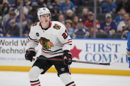Chicago Blackhawks' Lukas Reichel in action during the first period of an NHL hockey game against the St. Louis Blues Saturday, Dec. 23, 2023, in St. Louis. (AP Photo/Jeff Roberson)