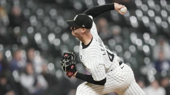 Chicago White Sox relief pitcher Jordan Leasure delivers during the seventh inning of the team's baseball game against the Cleveland Guardians, Thursday, May 9, 2024, in Chicago. (AP Photo/Charles Rex Arbogast)