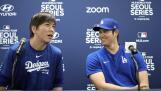 The Los Angeles Dodgers' Shohei Ohtani, right, and his interpreter, Ippei Mizuhara, attend a news conference in Seoul, South Korea. Mizuhara was fired by the Dodgers following allegations of illegal gambling and theft from the Japanese baseball star.