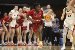 Eastern Washington guard Alexis Pettis (1) brings the ball up court during a first-round college basketball game against Oregon State in the women's NCAA Tournament in Corvallis, Ore., Friday, March 22, 2024. (AP Photo/Amanda Loman)