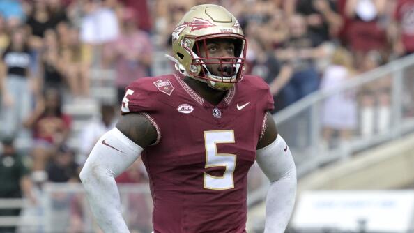 Florida State defensive lineman Jared Verse (5) sets up for a play against Syracuse during the first half of an NCAA college football game, Saturday, Oct. 14, 2023, in Tallahassee, Fla. (AP Photo/Phelan M. Ebenhack)