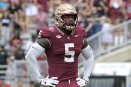 Florida State defensive lineman Jared Verse (5) sets up for a play against Syracuse during the first half of an NCAA college football game, Saturday, Oct. 14, 2023, in Tallahassee, Fla. (AP Photo/Phelan M. Ebenhack)