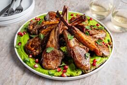 Lamb Chops With Minty Pea Puree and Pomegranate.